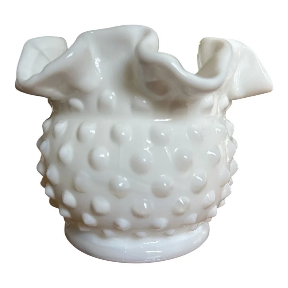 2 Fenton White Milk Glass Hobnail Crimped Ruffled Edge Rose Bowl Vase Vintage